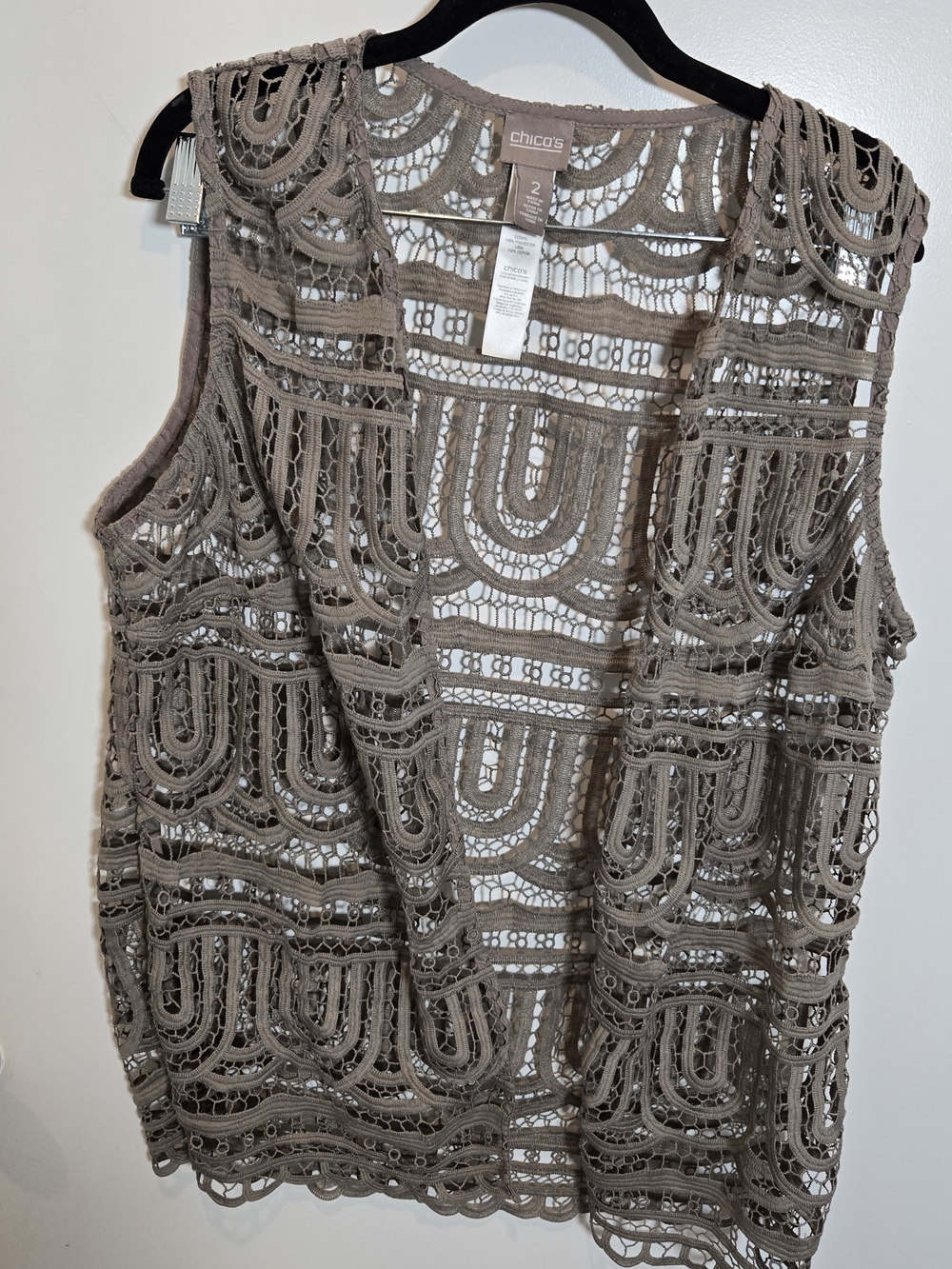 Chico's Taupe Crochet Open-Front Sleeveless Tunic Vest
